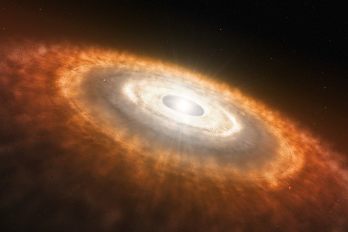 Artist’s impression of a baby star still surrounded by a protoplanetary disc in which planets are forming. Using ESO’s very successful HARPS spectrograph, a team of astronomers has found that Sun-like stars which host planets have destroyed their lithium much more efficiently than planet-free stars. This finding does not only shed light on the low levels of this chemical element in the Sun, solving a long-standing mystery, but also provides astronomers with a very efficient way to pick out the stars most likely to host planets. It is not clear what causes the lithium to be destroyed. The general idea is that the planets or the presence of the protoplanetary disc disturb the interior of the star, bringing the lithium deeper down into the star than usual, into regions where the temperature is so hot that it is destroyed.